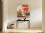 Crimson Birch Pool landscape canvas print on the wall of a hallway