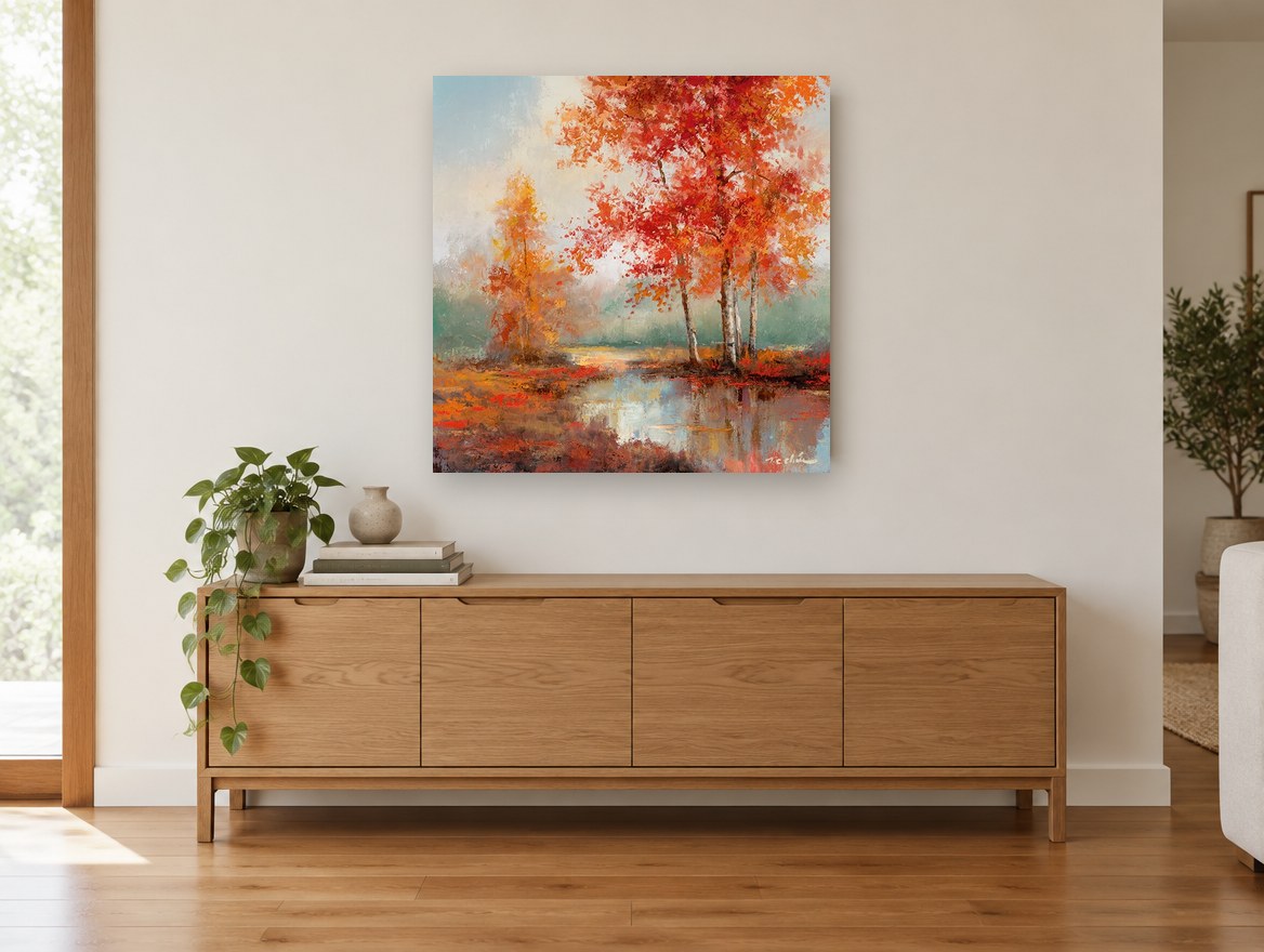 Crimson Birch Pool landscape canvas print on the wall of a living room above a sideboard