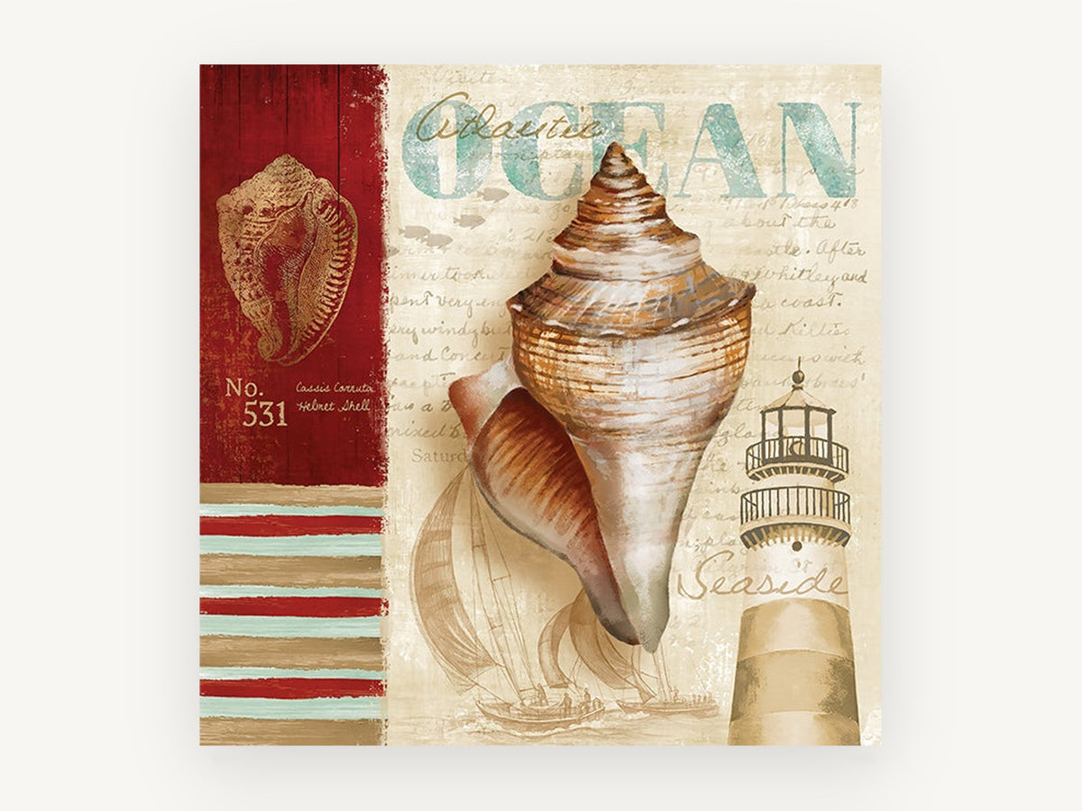 Shell and Lighthouse Collage, coastal canvas wall art print, front view