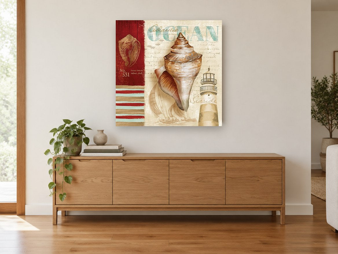 Shell and Lighthouse Collage coastal canvas print on the wall of a living room above a sideboard