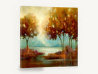 Amber Light Over Water, autumn trees beside misty river, landscape canvas wall art print ready to hang
