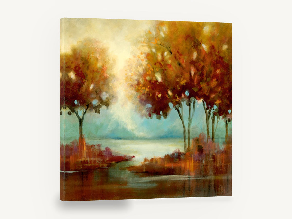 Amber Light Over Water, autumn trees beside misty river, landscape canvas wall art print ready to hang