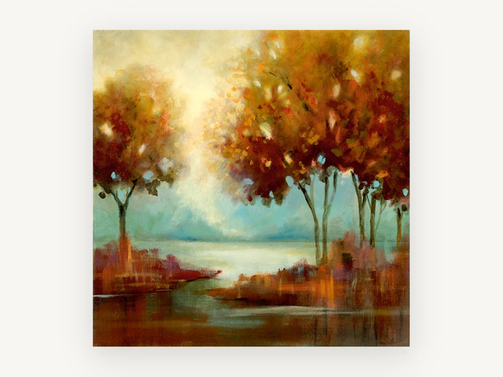 Amber Light Over Water, autumn trees beside misty river, landscape canvas wall art print, front view