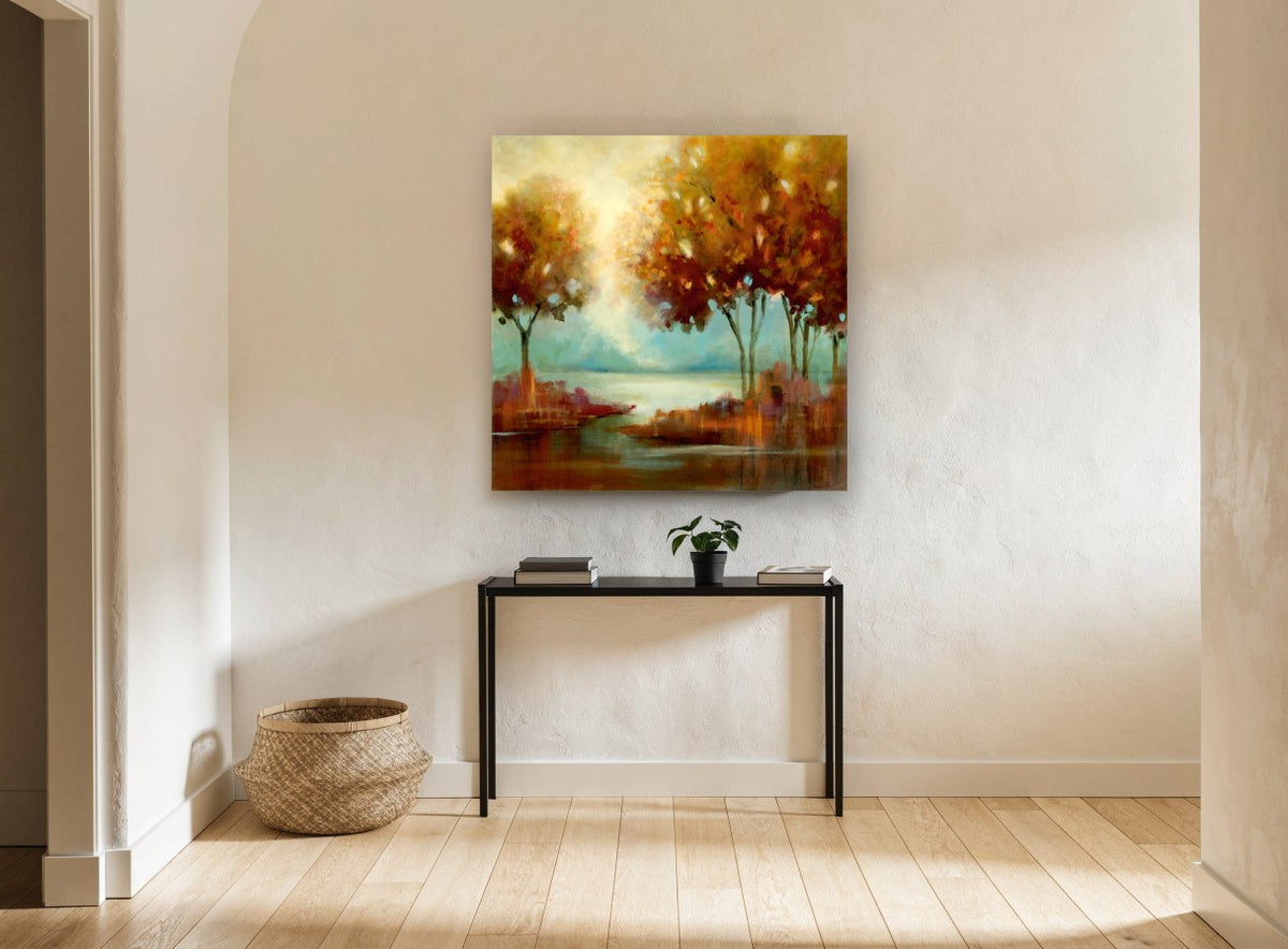 Amber Light Over Water landscape canvas print on the wall of a hallway