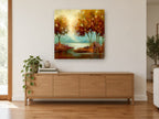 Amber Light Over Water landscape canvas print on the wall of a living room above a sideboard