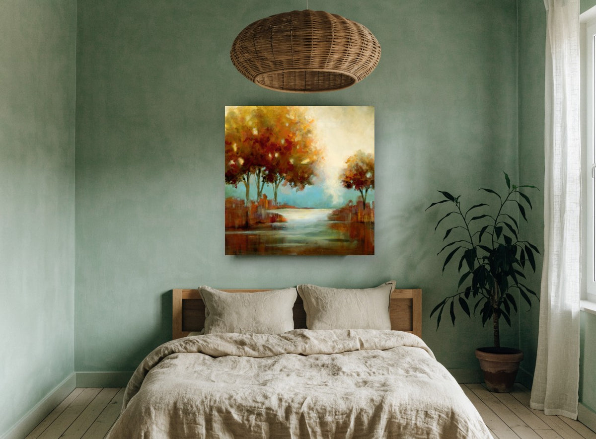 Amber Trees Beside Still Water landscape canvas print on the wall of a bedroom