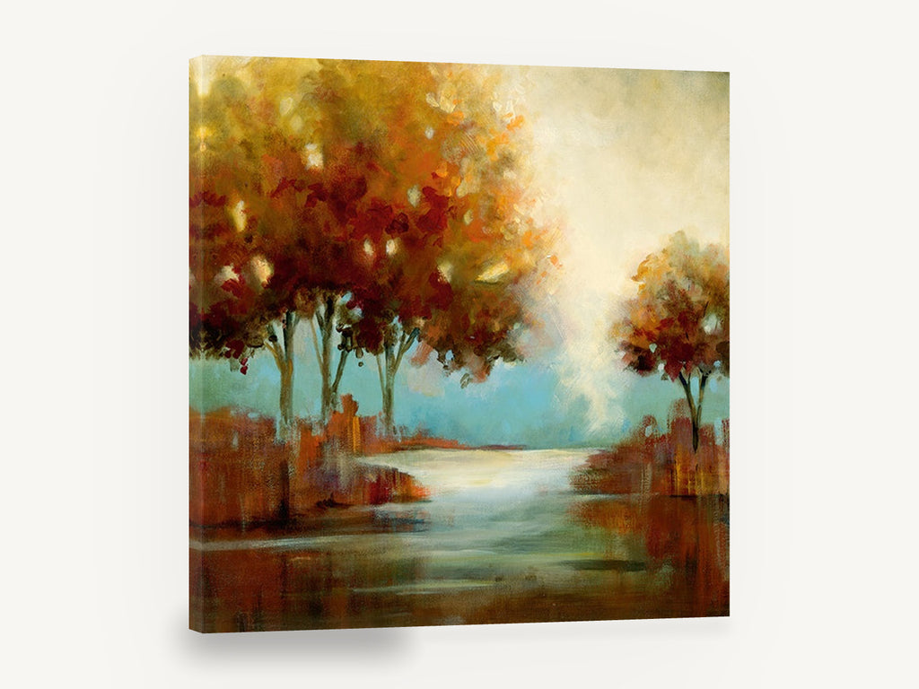 Amber Trees Beside Still Water, autumn trees river reflection landscape, landscape canvas wall art print ready to hang