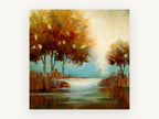 Amber Trees Beside Still Water, autumn trees river reflection landscape, landscape canvas wall art print, front view