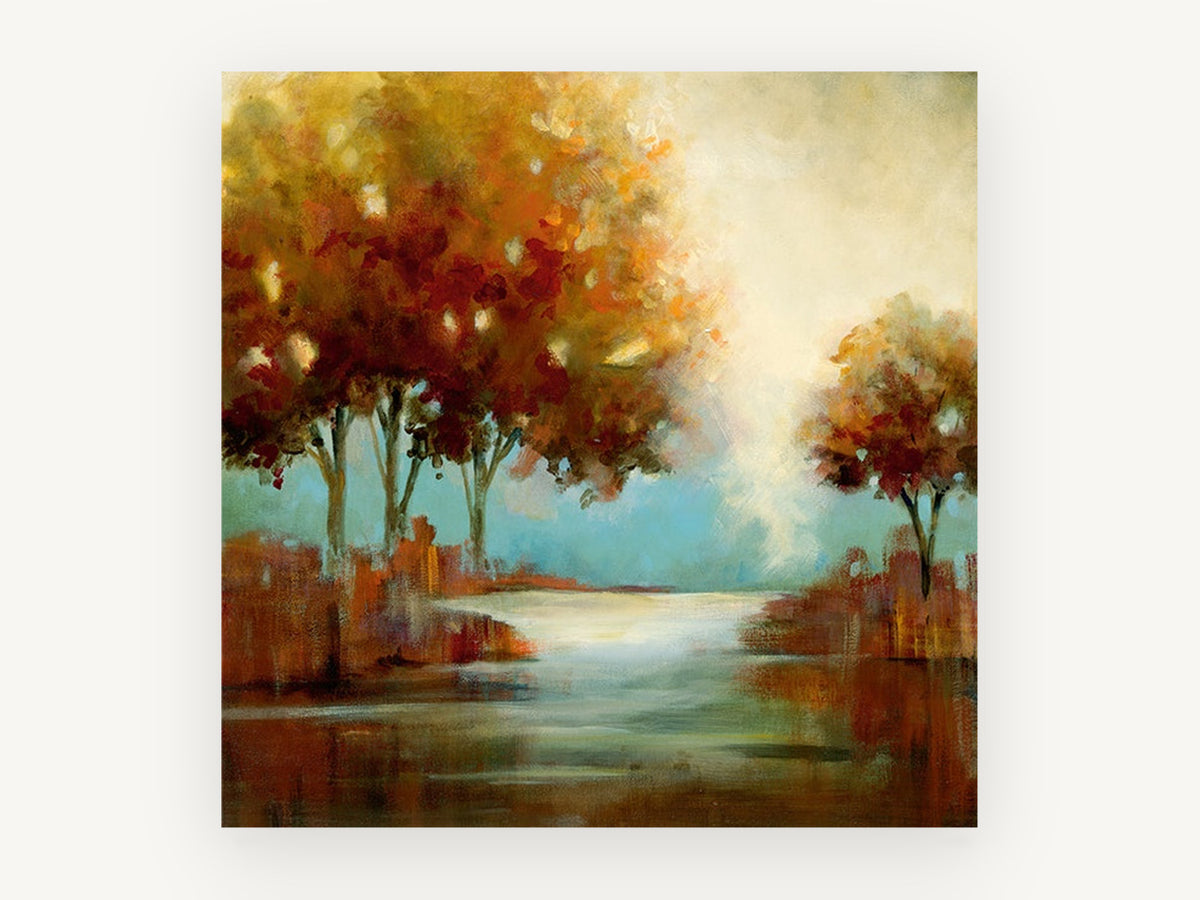 Amber Trees Beside Still Water, autumn trees river reflection landscape, landscape canvas wall art print, front view