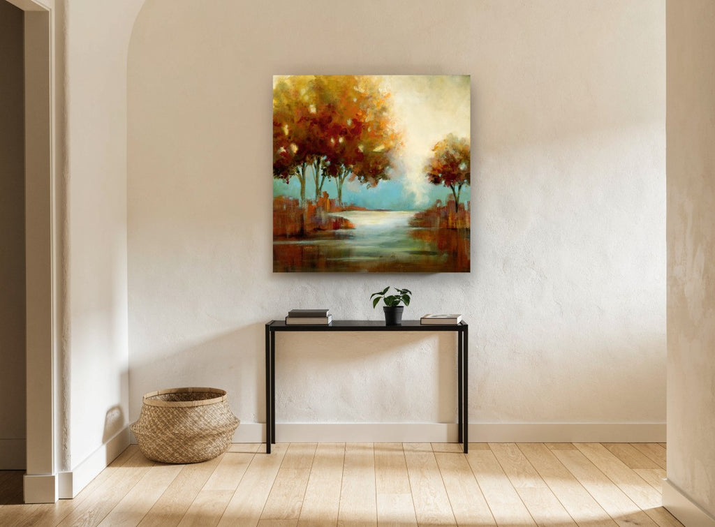 Amber Trees Beside Still Water landscape canvas print on the wall of a hallway