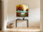 Amber Trees Beside Still Water landscape canvas print on the wall of a hallway