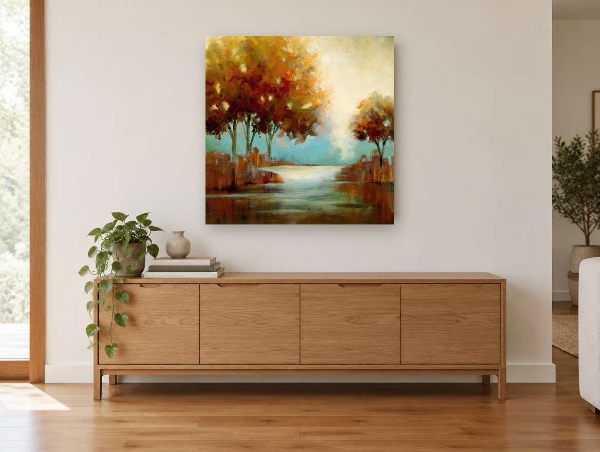 Amber Trees Beside Still Water landscape canvas print on the wall of a living room above a sideboard