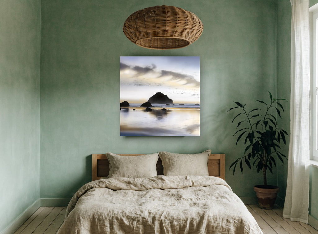 Twilight Sea Stack Shore coastal canvas print on the wall of a bedroom