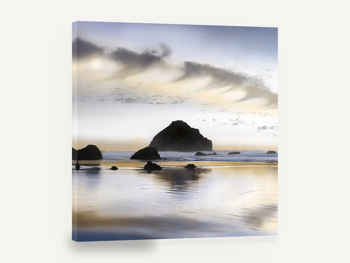 Twilight Sea Stack Shore, sea stack beach sunset photograph, coastal canvas wall art print ready to hang