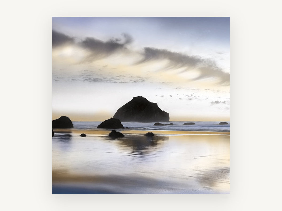 Twilight Sea Stack Shore, coastal canvas wall art print, front view