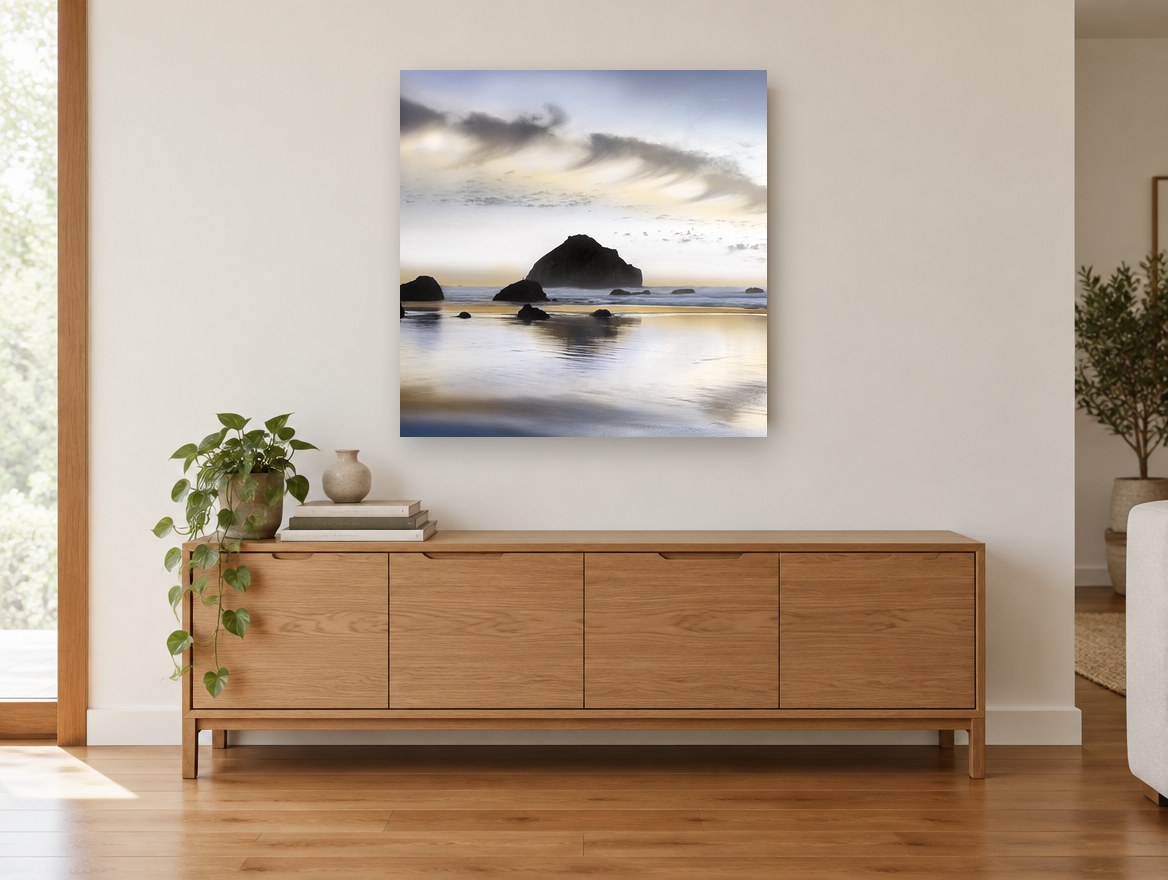 Twilight Sea Stack Shore coastal canvas print on the wall of a living room above a sideboard