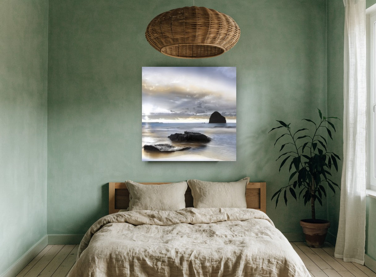 Silent Sea Stack coastal canvas print on the wall of a bedroom