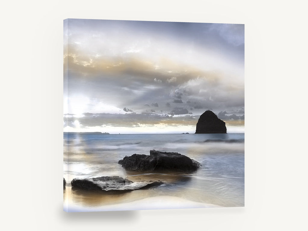 Silent Sea Stack, sea stack beach sunset photograph, coastal canvas wall art print ready to hang