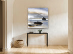 Silent Sea Stack coastal canvas print on the wall of a hallway