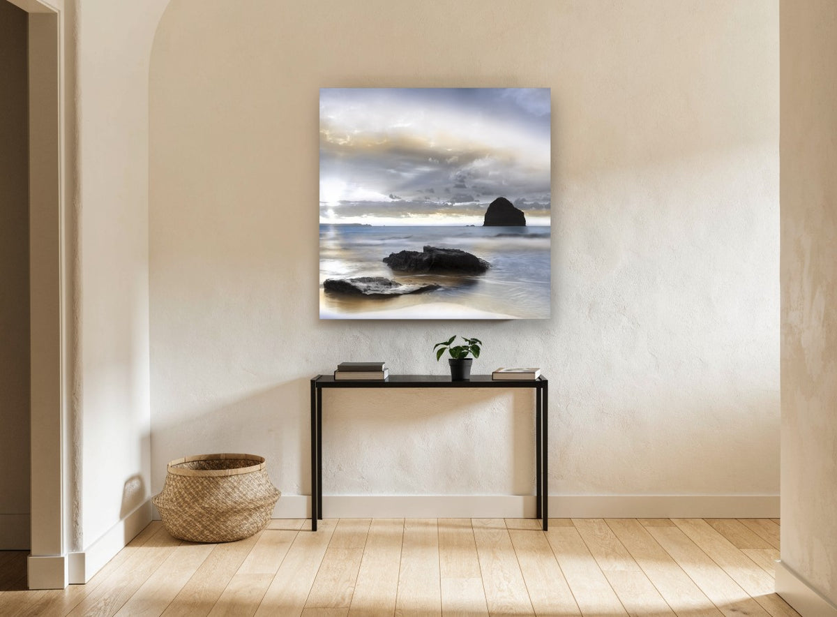 Silent Sea Stack coastal canvas print on the wall of a hallway