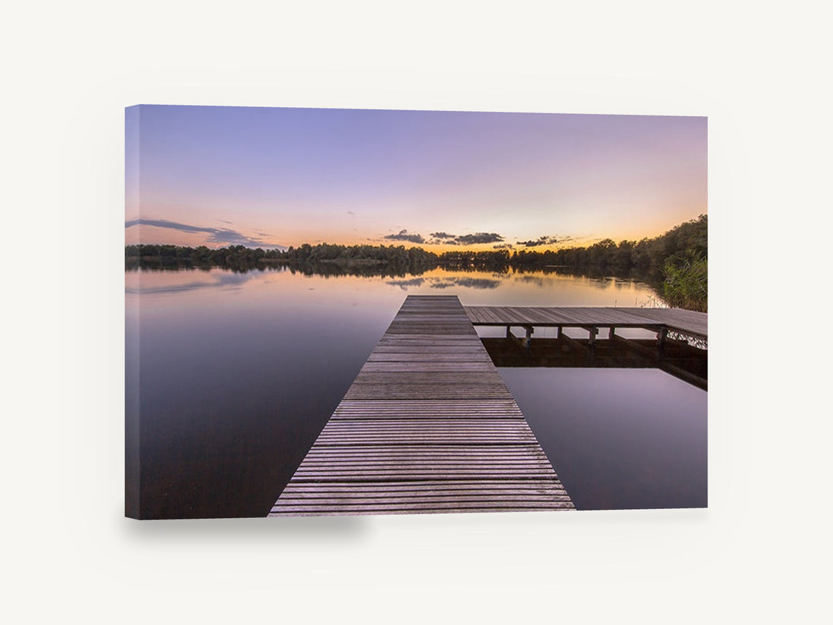 Lavender Dusk Jetty, timber jetty lake sunset photograph, landscape canvas wall art print ready to hang