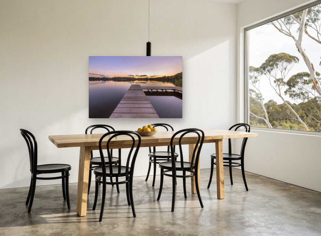 Lavender Dusk Jetty landscape canvas print on the wall of a dining room