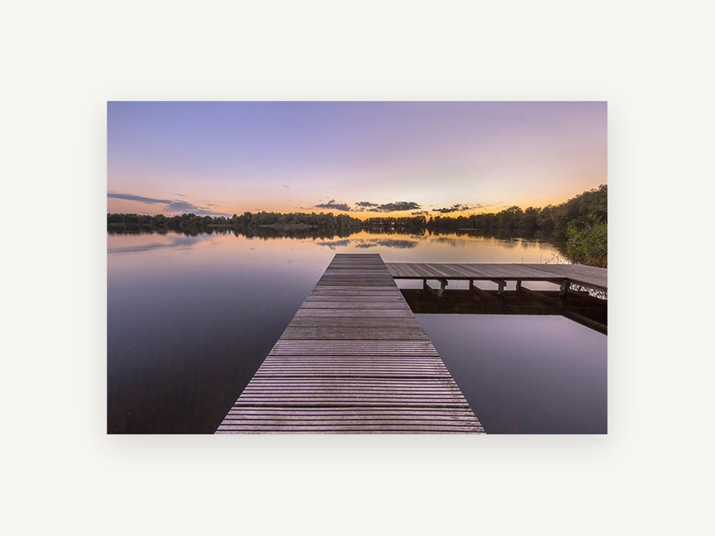 Lavender Dusk Jetty, timber jetty lake sunset photograph, landscape canvas wall art print, front view