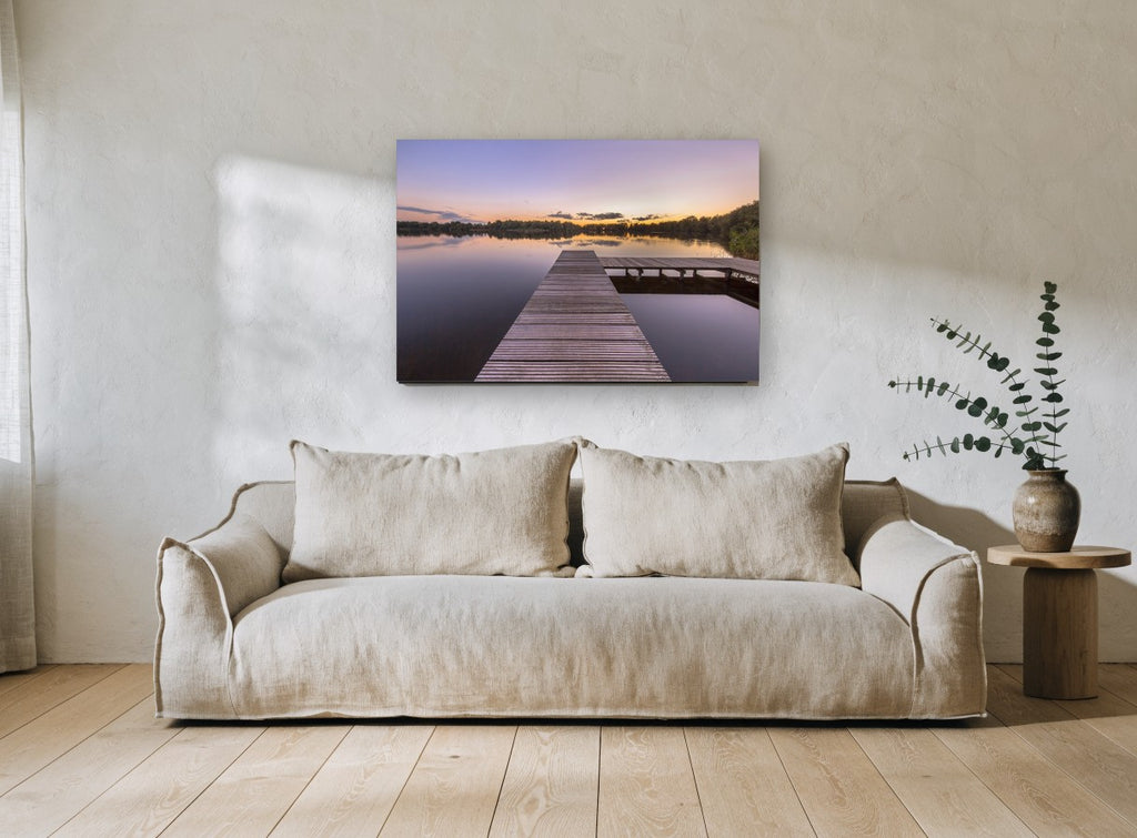 Lavender Dusk Jetty landscape canvas print on the wall of a living room
