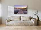 Lavender Dusk Jetty landscape canvas print on the wall of a living room