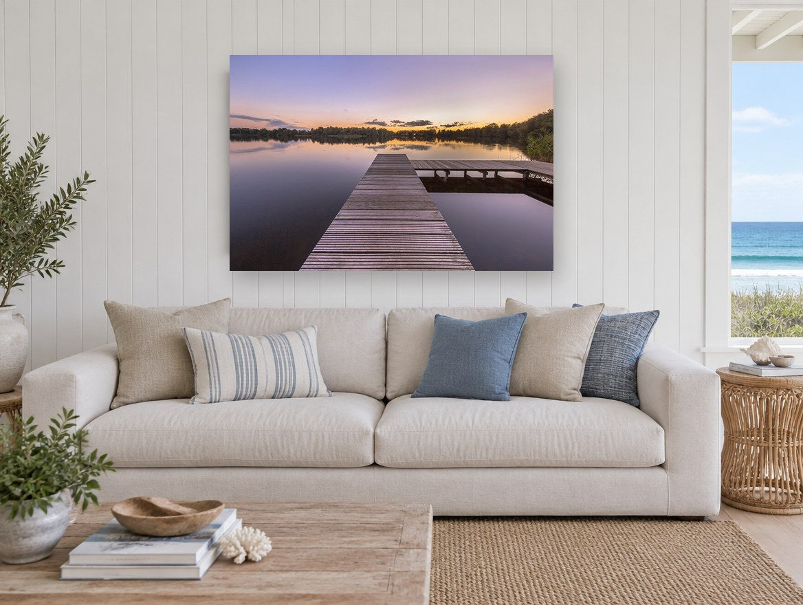 Lavender Dusk Jetty landscape canvas print on the wall of a beach house living room
