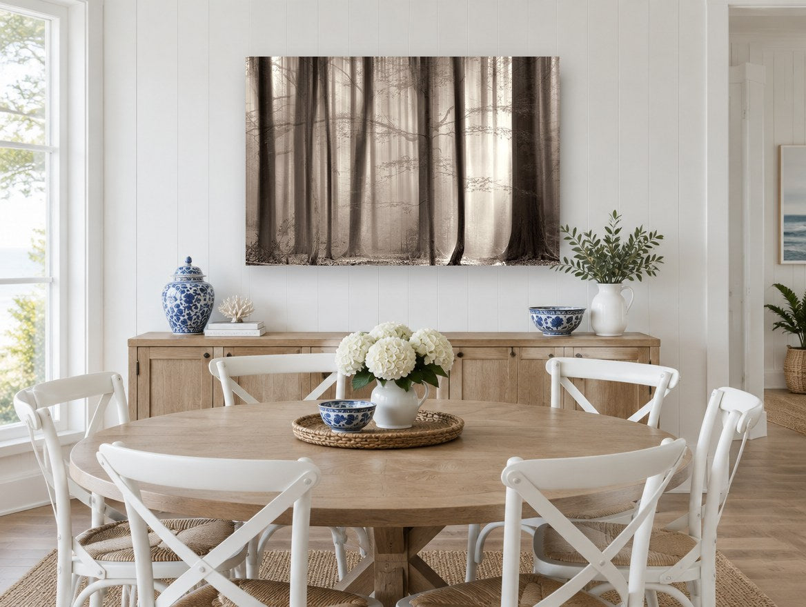 Sepia Beech Light landscape canvas print on the wall of a Hamptons dining room