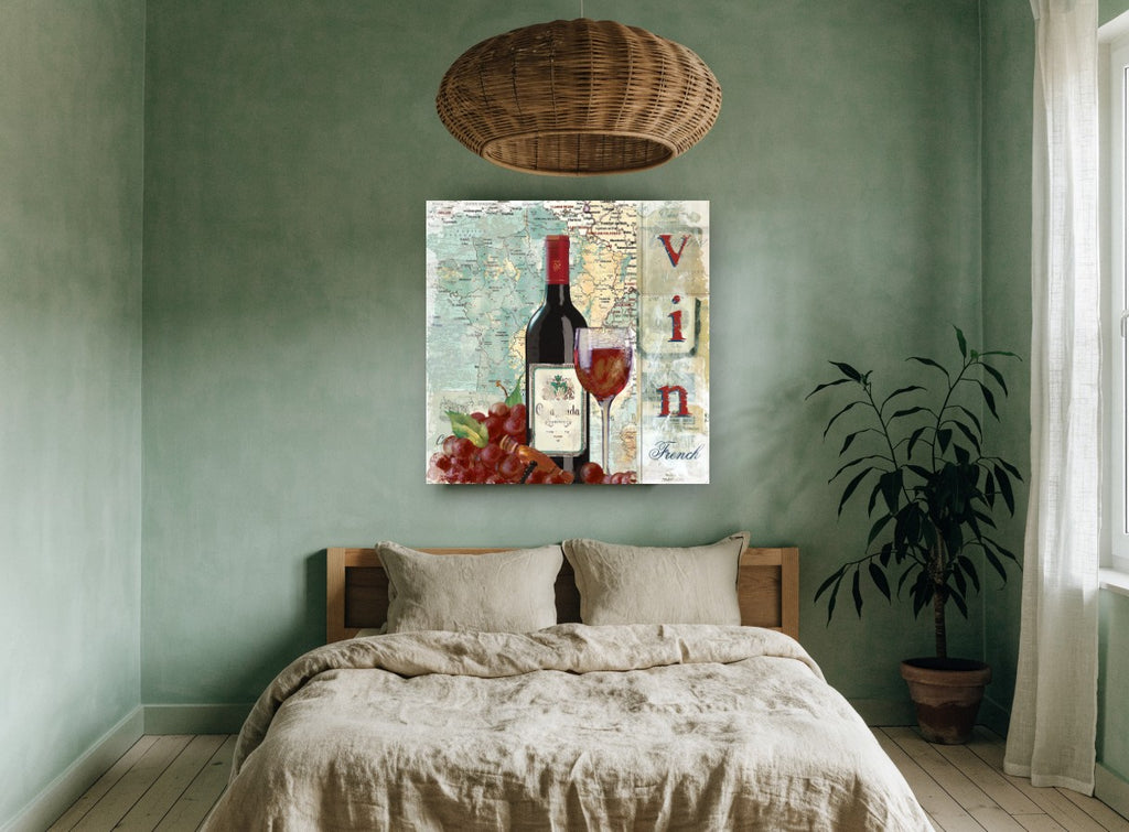 Vin French Wine Map floral canvas print on the wall of a bedroom