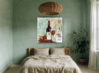Vin French Wine Map floral canvas print on the wall of a bedroom