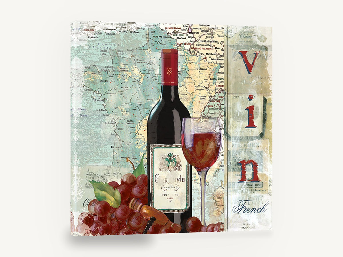 Vin French Wine Map, french wine bottle map still life, floral canvas wall art print ready to hang