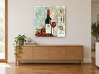 Vin French Wine Map floral canvas print on the wall of a living room above a sideboard