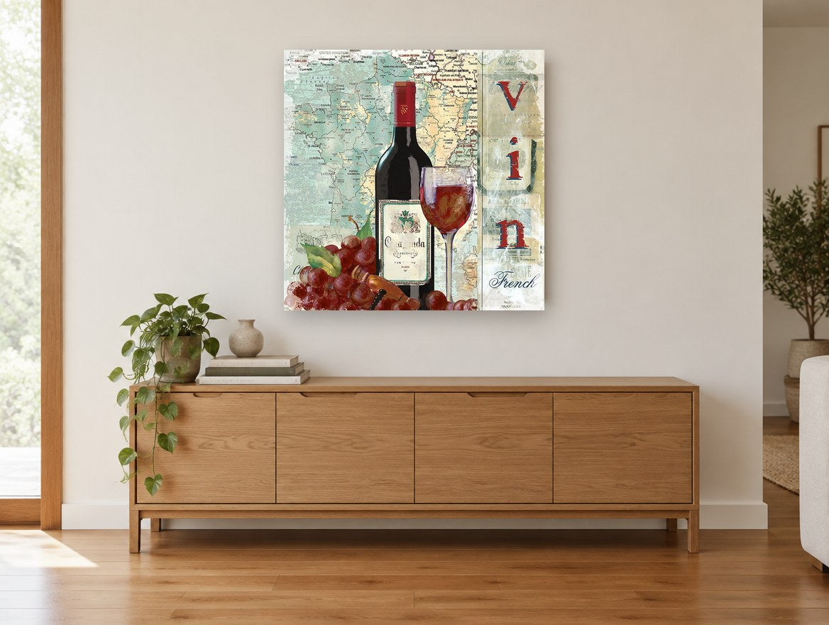 Vin French Wine Map floral canvas print on the wall of a living room above a sideboard