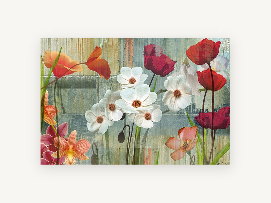 Weathered Wall Blooms, floral canvas wall art print, front view