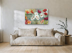 Weathered Wall Blooms floral canvas print on the wall of a living room