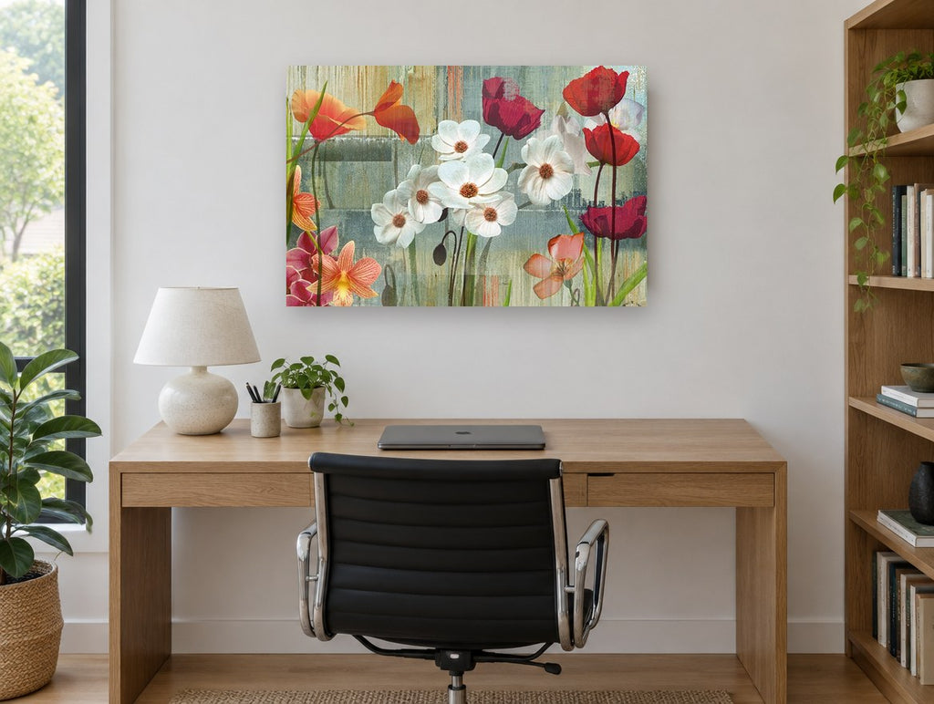 Weathered Wall Blooms floral canvas print on the wall of a study