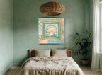 Scallop Shell Patchwork coastal canvas print on the wall of a bedroom