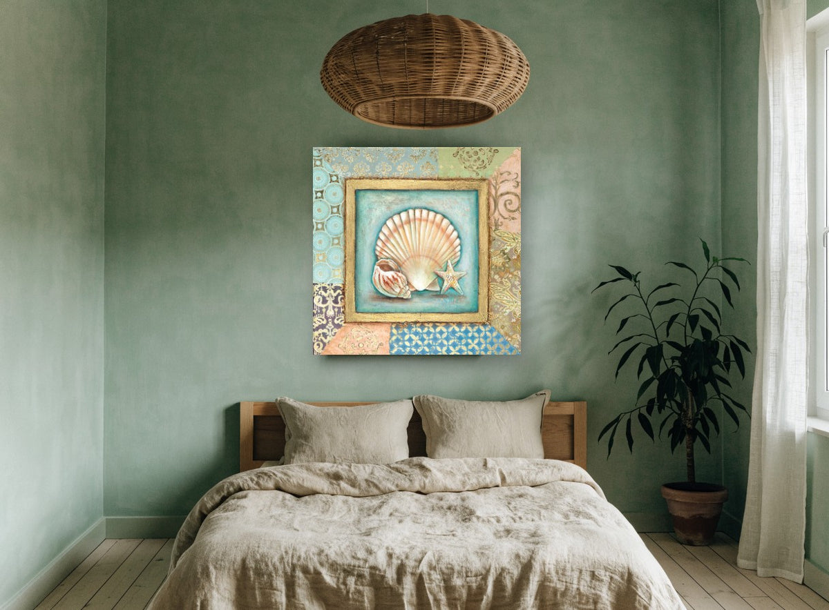 Scallop Shell Patchwork coastal canvas print on the wall of a bedroom