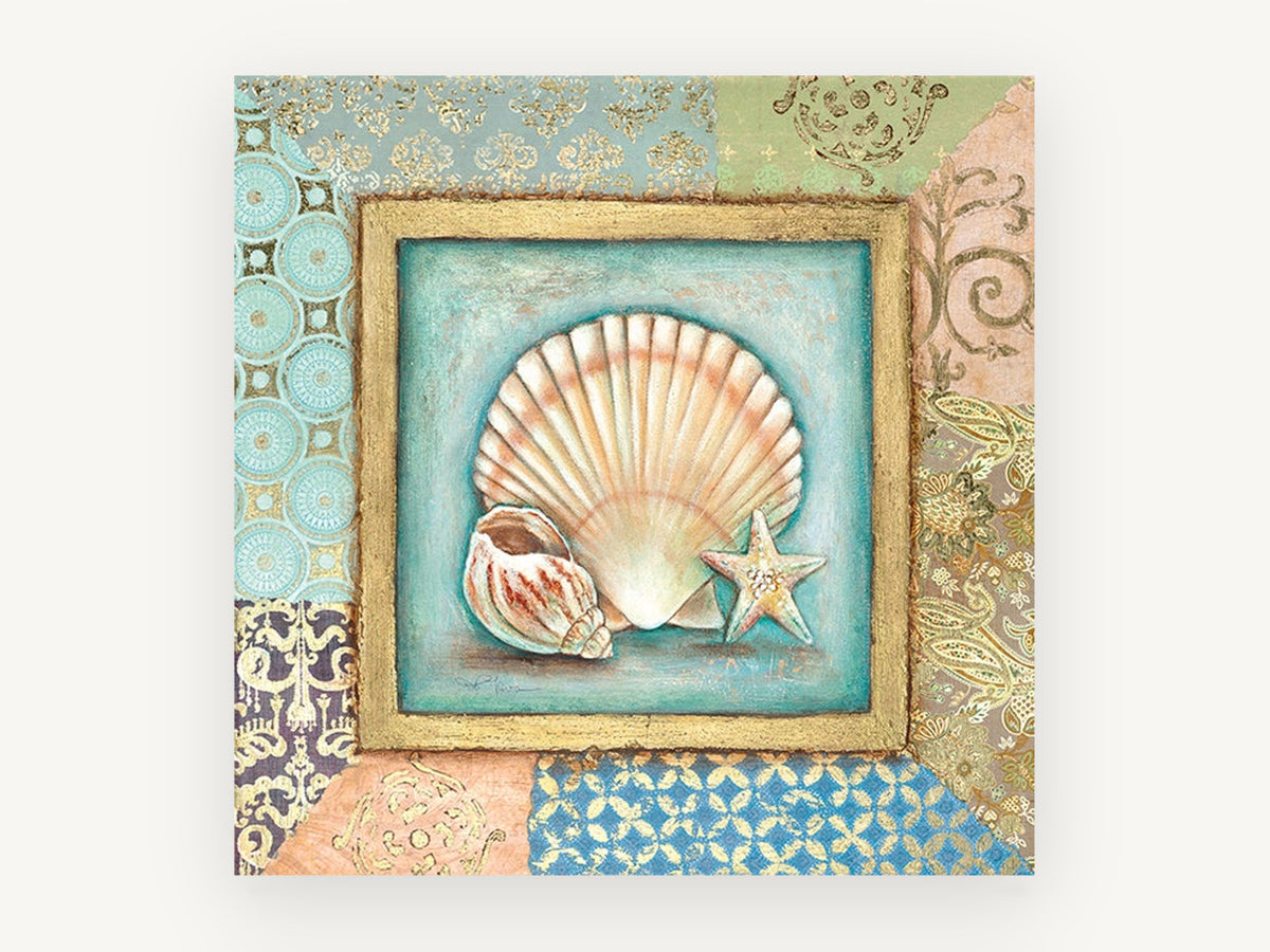 Scallop Shell Patchwork, coastal canvas wall art print, front view