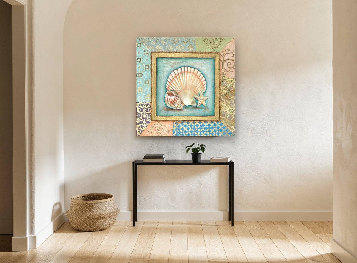 Scallop Shell Patchwork coastal canvas print on the wall of a hallway
