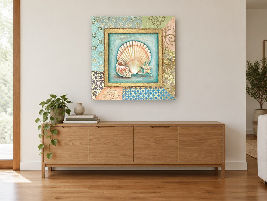 Scallop Shell Patchwork coastal canvas print on the wall of a living room above a sideboard