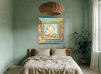 Shell Trio Patchwork coastal canvas print on the wall of a bedroom