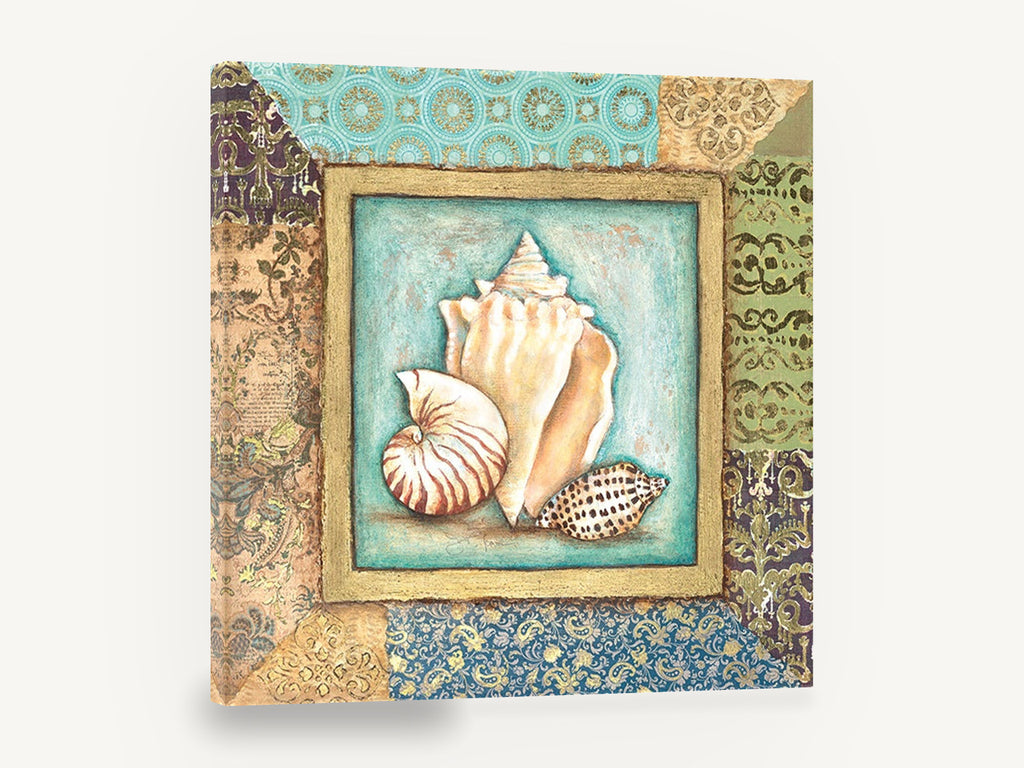 Shell Trio Patchwork, seashell still life patchwork illustration, coastal canvas wall art print ready to hang