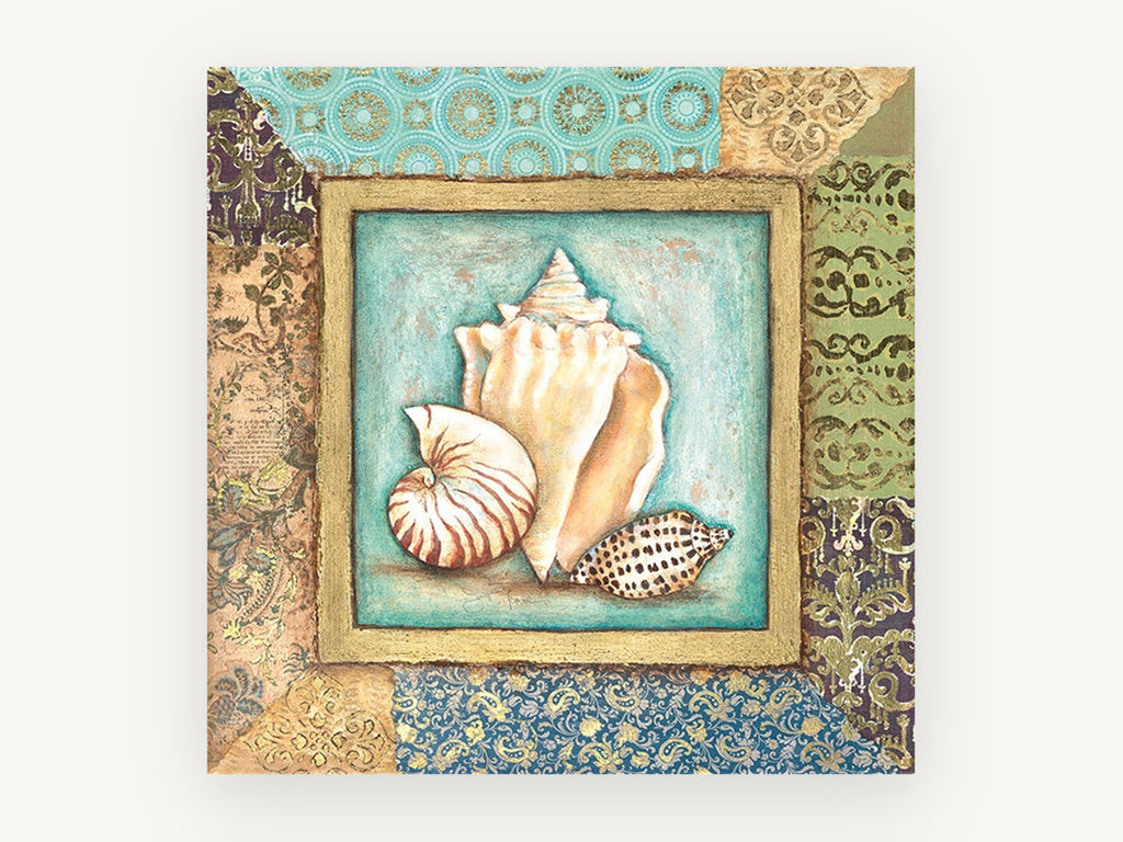Shell Trio Patchwork, coastal canvas wall art print, front view