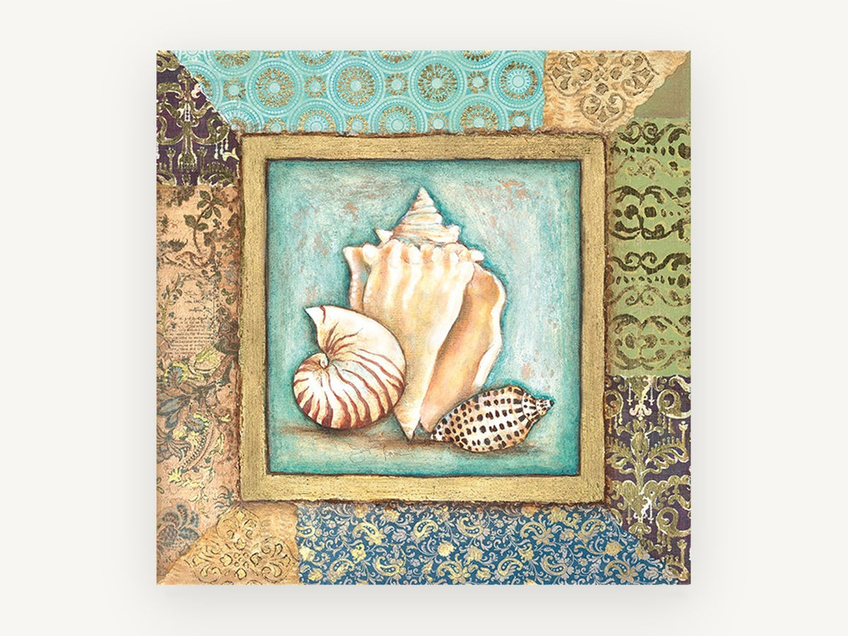 Shell Trio Patchwork, coastal canvas wall art print, front view