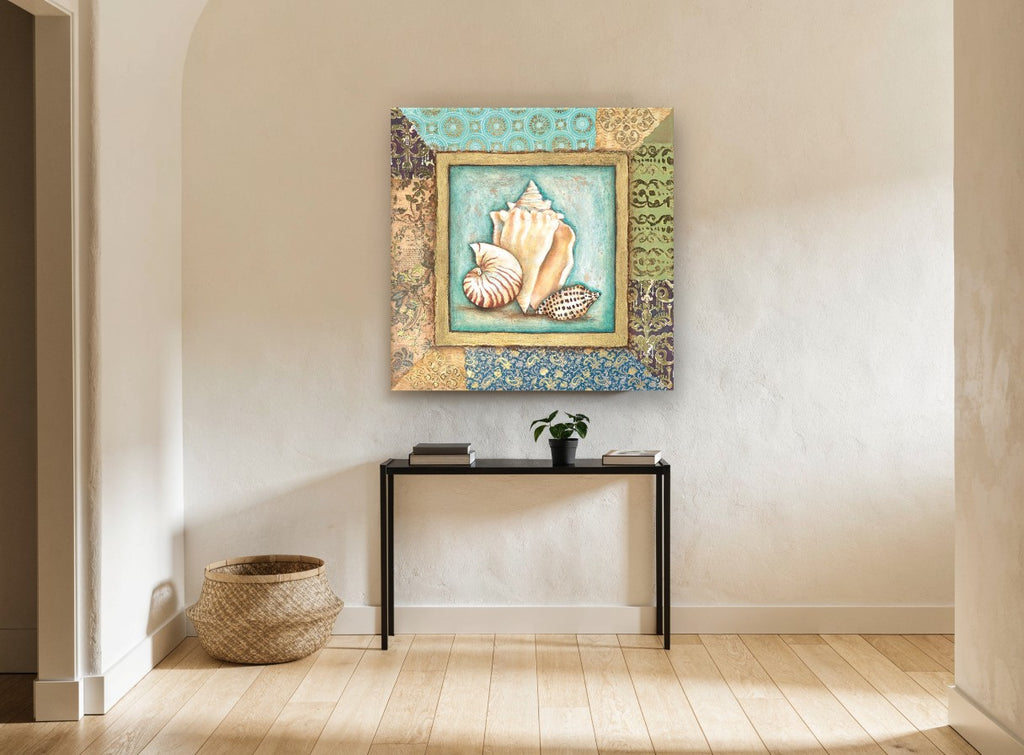 Shell Trio Patchwork coastal canvas print on the wall of a hallway