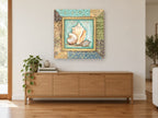Shell Trio Patchwork coastal canvas print on the wall of a living room above a sideboard